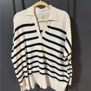 LOFT V-Neck Sweater in Black and Cream Stripes